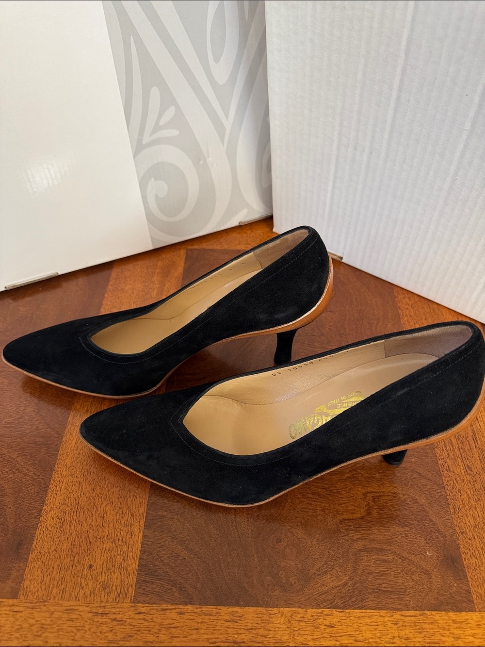 Salvatore Ferragamo Black Suede Pointed Pumps with Brown Sole Trim - Picture 3 of 8